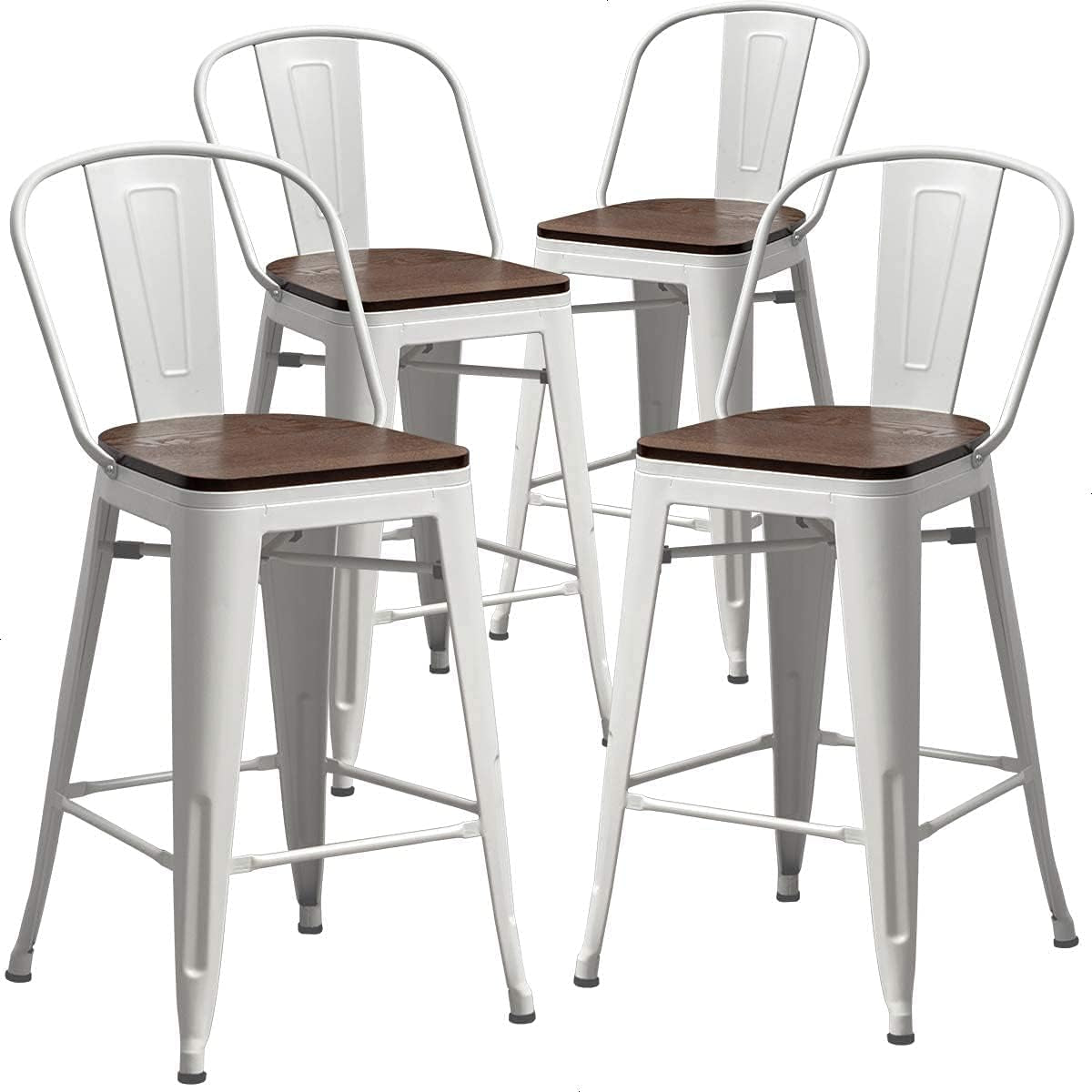 Metal Bar Stools Set of 4,24 Inch Barstools Counter Height Bar Stool with Back Farmhouse Bar Stools with Larger Seat High Back Kitchen Dining Chairs Modern Bar Chairs White Cream Stool