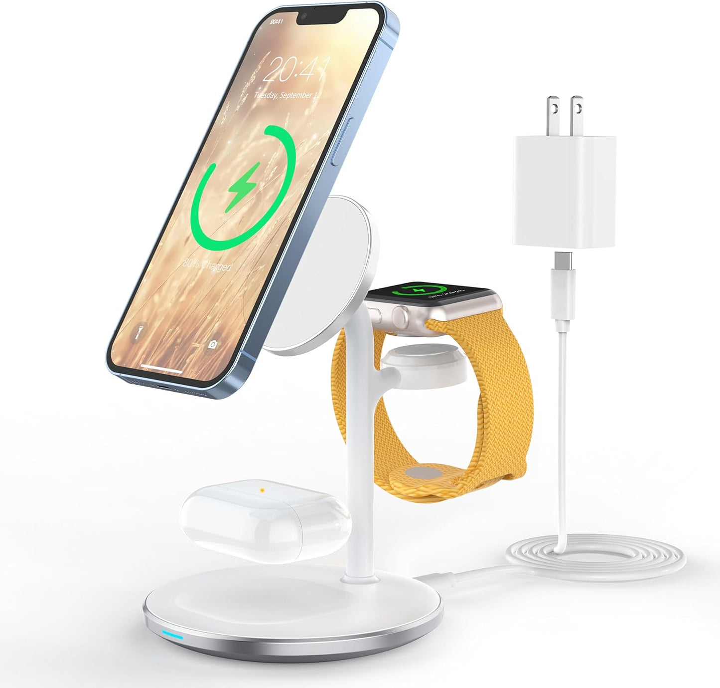 3-in-1 Wireless Charging Station for Apple Devices - Fast Mag-Safe Charger Stand with 20W Adapter for iPhone 17/16/15/14/13/12 Pro Max/Air/Plus/Pro, Apple Watch, and AirPods - Ideal Gift for Couples
