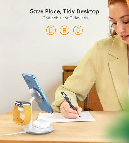 3-in-1 Wireless Charging Station for Apple Devices - Fast Mag-Safe Charger Stand with 20W Adapter for iPhone 17/16/15/14/13/12 Pro Max/Air/Plus/Pro, Apple Watch, and AirPods - Ideal Gift for Couples