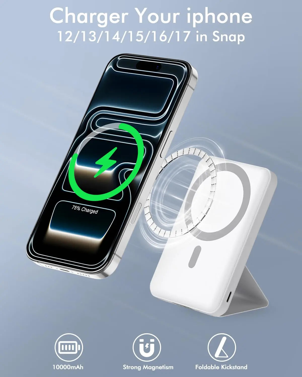 10,000mAh Magnetic Wireless Power Bank with LED Display | 22.5W Fast Charging MagSafe Battery Pack with Stand | Compatible with iPhone 17/16/15/14/13/12 Series | Portable Foldable Lithium-Ion Travel Charger with USB Type-C