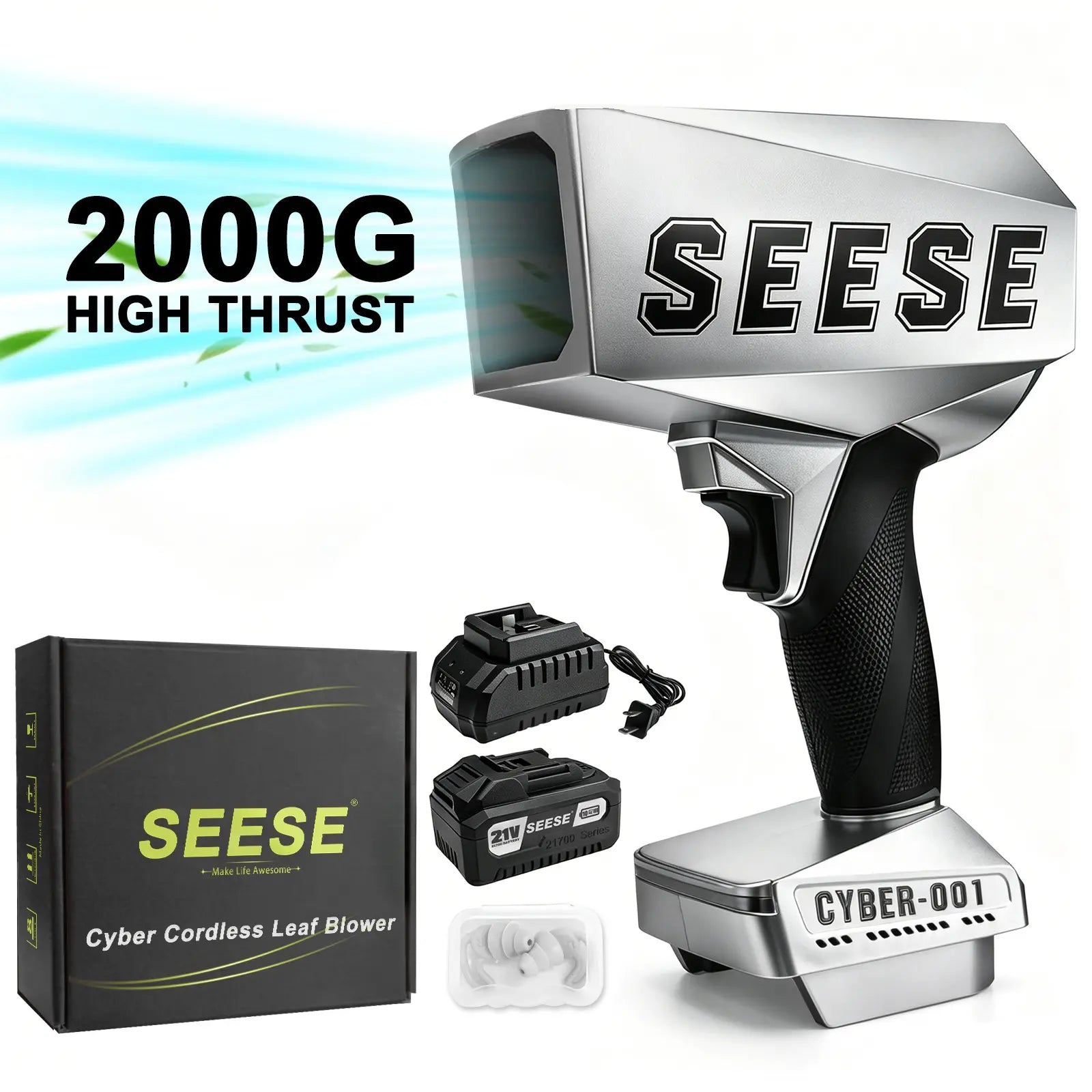 Seese 2000G Cyber Cordless Leaf Blower with Brushless Copper Motor, 120+ MPH Turbofan, Battery-Powered Air Duster for Car Drying and Snow Removal - Ideal Father's Day Gift