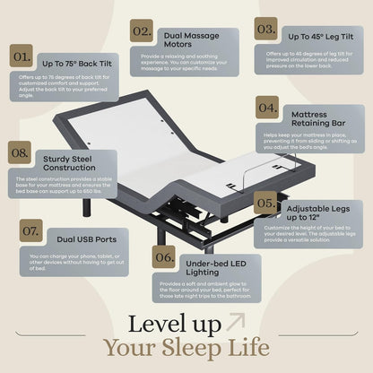 Classic Adjustable Bed Base, Head and Foot Lift, Massage, Under-Bed Lights, USB, Gel Memory, Zero Gravity Smart Frame - Twin XL + 14 Inch Hybrid Spring Matt (Medium Soft)