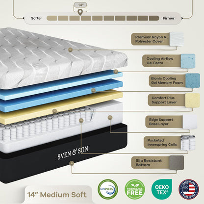 Classic Adjustable Bed Base, Head and Foot Lift, Massage, Under-Bed Lights, USB, Gel Memory, Zero Gravity Smart Frame - Twin XL + 14 Inch Hybrid Spring Matt (Medium Soft)