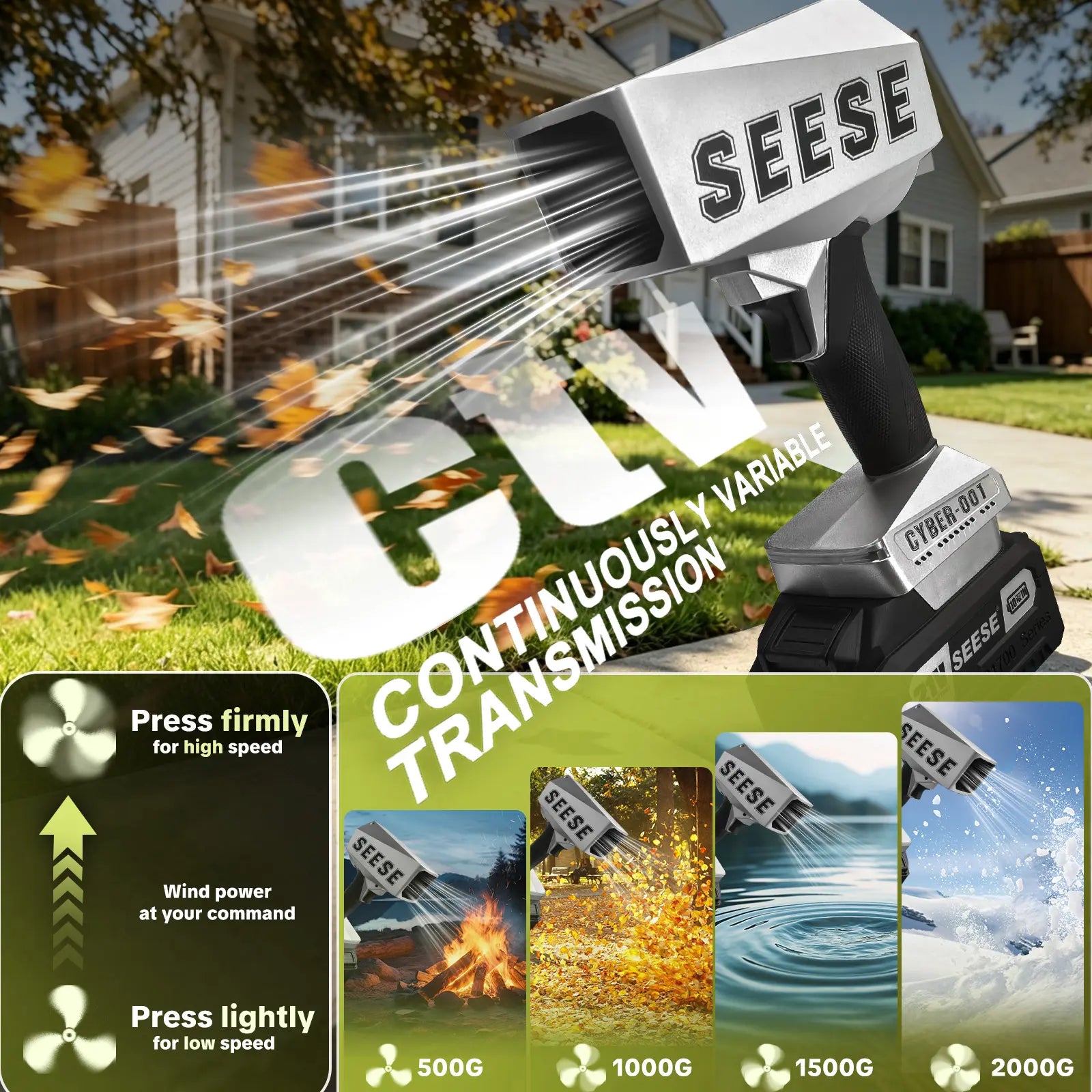 Seese 2000G Cyber Cordless Leaf Blower with Brushless Copper Motor, 120+ MPH Turbofan, Battery-Powered Air Duster for Car Drying and Snow Removal - Ideal Father's Day Gift