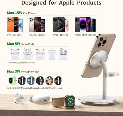 3-in-1 Wireless Charging Station for Apple Devices - Fast Mag-Safe Charger Stand with 20W Adapter for iPhone 17/16/15/14/13/12 Pro Max/Air/Plus/Pro, Apple Watch, and AirPods - Ideal Gift for Couples