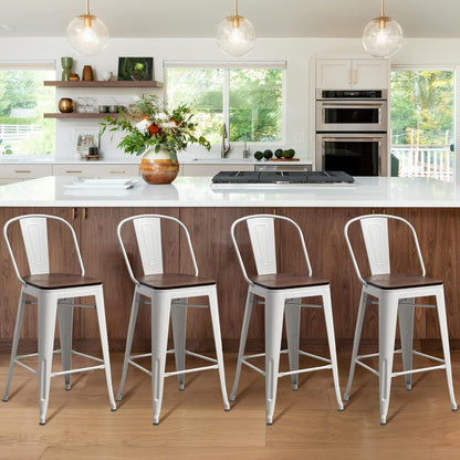 Metal Bar Stools Set of 4,24 Inch Barstools Counter Height Bar Stool with Back Farmhouse Bar Stools with Larger Seat High Back Kitchen Dining Chairs Modern Bar Chairs White Cream Stool