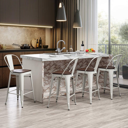 Metal Bar Stools Set of 4,24 Inch Barstools Counter Height Bar Stool with Back Farmhouse Bar Stools with Larger Seat High Back Kitchen Dining Chairs Modern Bar Chairs White Cream Stool
