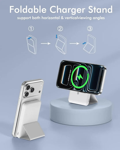 10,000mAh Magnetic Wireless Power Bank with LED Display | 22.5W Fast Charging MagSafe Battery Pack with Stand | Compatible with iPhone 17/16/15/14/13/12 Series | Portable Foldable Lithium-Ion Travel Charger with USB Type-C