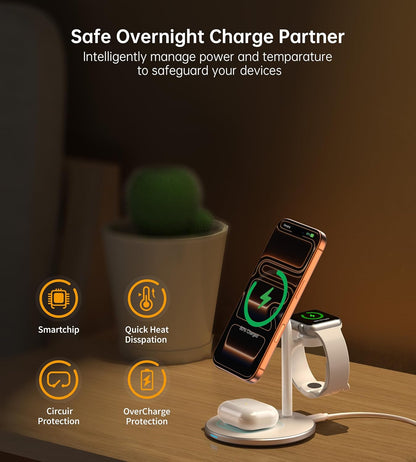 3-in-1 Wireless Charging Station for Apple Devices - Fast Mag-Safe Charger Stand with 20W Adapter for iPhone 17/16/15/14/13/12 Pro Max/Air/Plus/Pro, Apple Watch, and AirPods - Ideal Gift for Couples