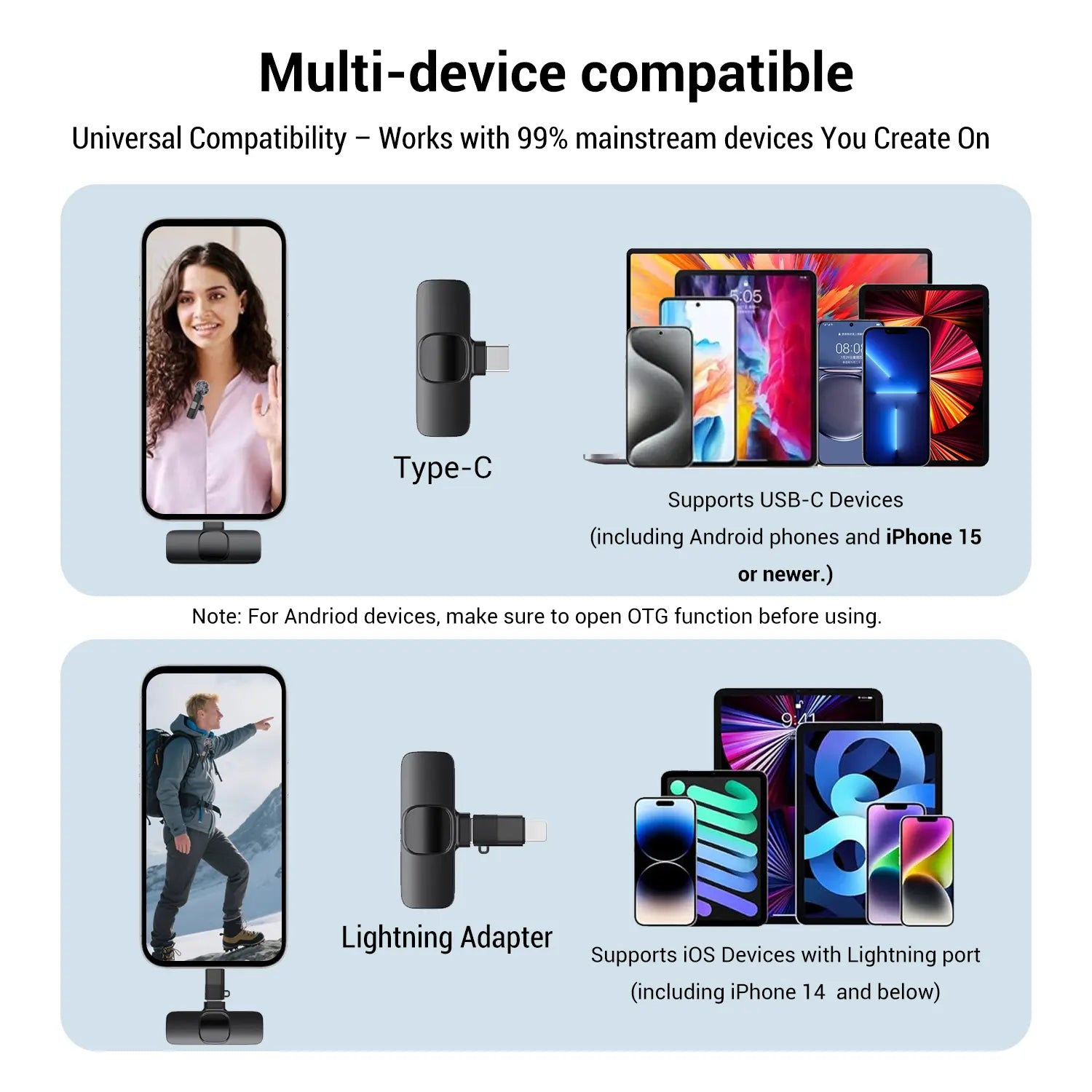 Hitozon Wireless Lavalier Microphone for iPhone 15/16/17, iPad, and Android - Portable USB-C Lapel Mic with Noise Reduction for Video Recording, Vlogging, TikTok, and YouTube