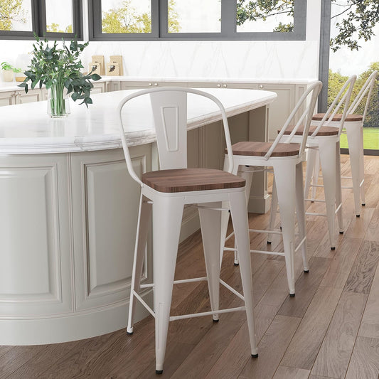 Metal Bar Stools Set of 4,24 Inch Barstools Counter Height Bar Stool with Back Farmhouse Bar Stools with Larger Seat High Back Kitchen Dining Chairs Modern Bar Chairs White Cream Stool