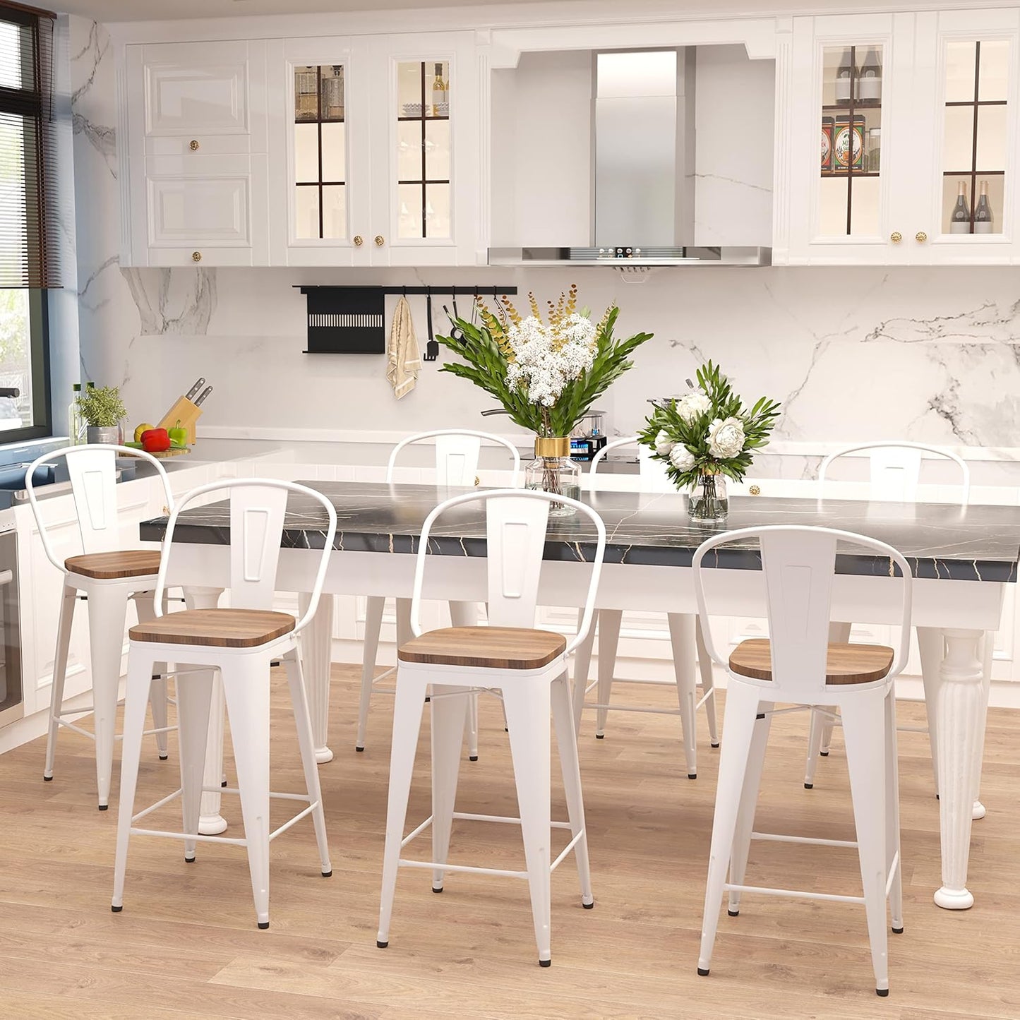 Metal Bar Stools Set of 4,24 Inch Barstools Counter Height Bar Stool with Back Farmhouse Bar Stools with Larger Seat High Back Kitchen Dining Chairs Modern Bar Chairs White Cream Stool