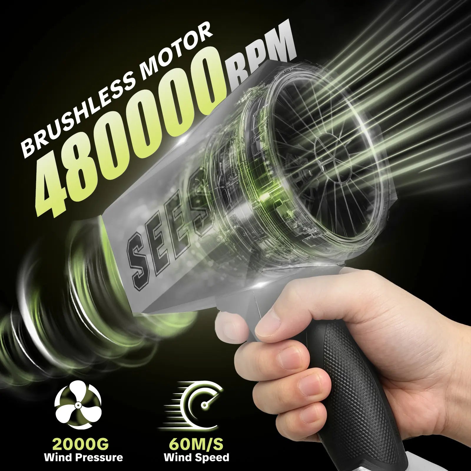 Seese 2000G Cyber Cordless Leaf Blower with Brushless Copper Motor, 120+ MPH Turbofan, Battery-Powered Air Duster for Car Drying and Snow Removal - Ideal Father's Day Gift