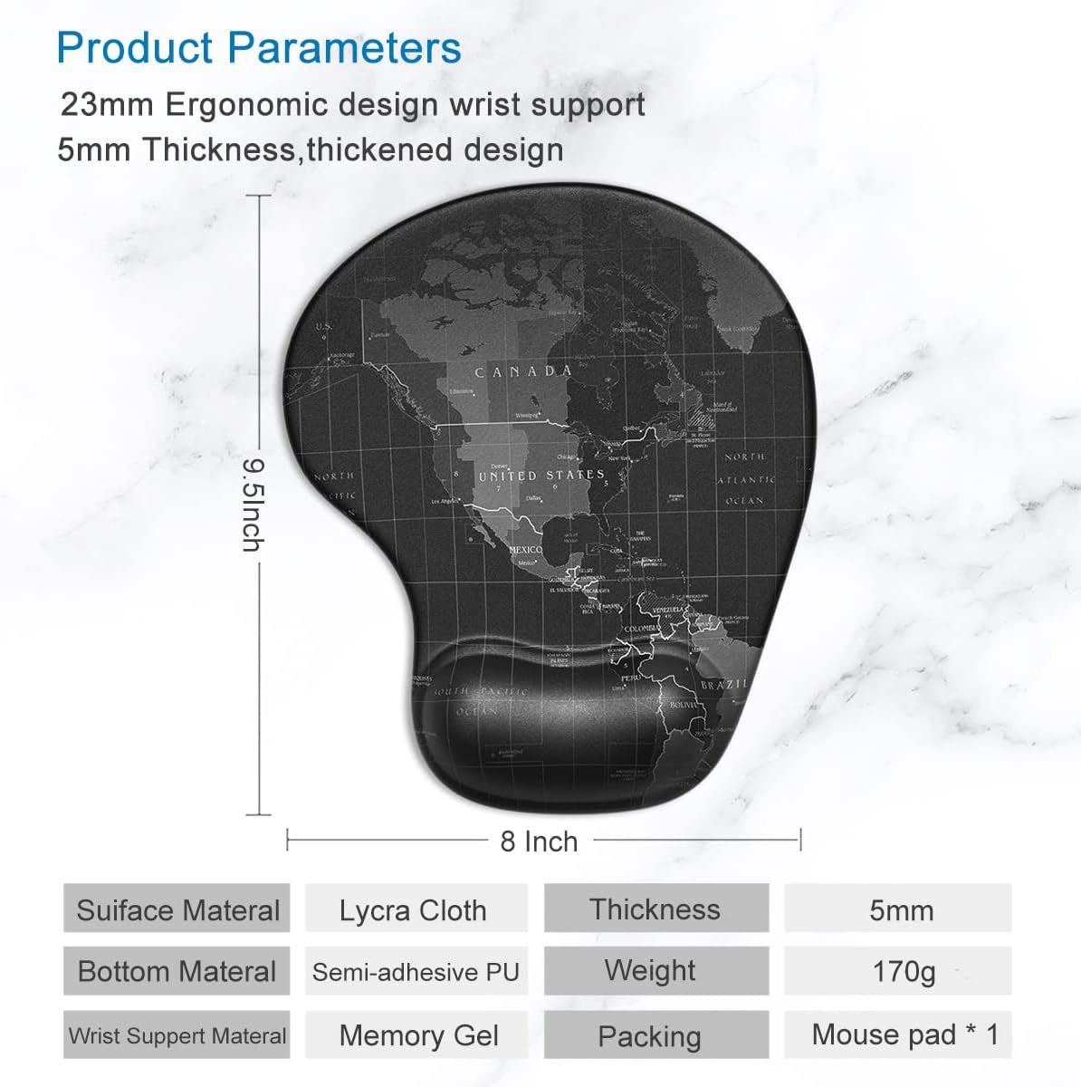 Ergonomic Gel Wrist Support Mouse Pad – Comfortable Non-Slip Design for Pain Relief, 8.7 x 7.2 Inches, Stylish Map Print